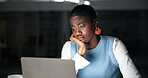 Bored, laptop and night with business black woman in office for planning or research deadline. Computer, reading and tired with African employee at desk in dark workplace for burnout or fatigue