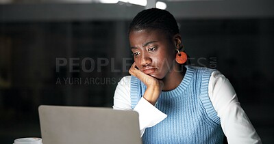 Buy stock photo Bored, laptop and night with business black woman in office for planning or research deadline. Computer, reading and tired with African employee at desk in dark workplace for burnout or fatigue