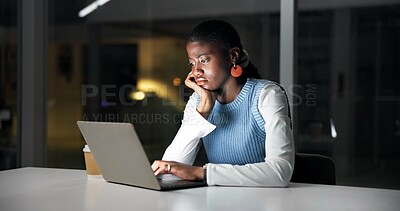 Buy stock photo Bored, laptop and night with business black woman in office for planning or research deadline. Computer, reading and tired with African employee at desk in dark workplace for burnout or fatigue
