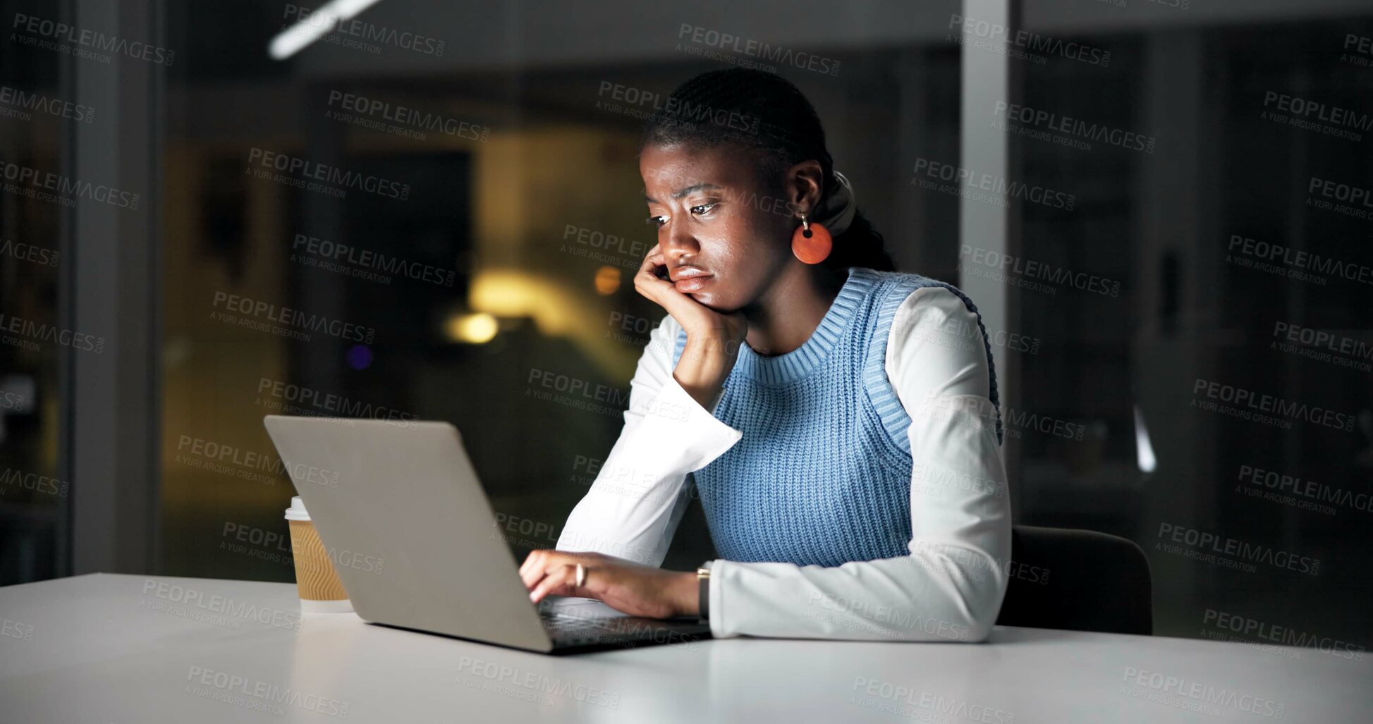 Buy stock photo Bored, laptop and night with business black woman in office for planning or research deadline. Computer, reading and tired with African employee at desk in dark workplace for burnout or fatigue