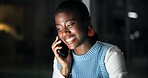 Night, phone call and smile of business black woman in office for communication or update. Conversation, feedback and mobile with happy African employee in dark workplace for contact or discussion