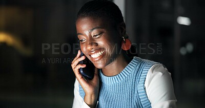 Buy stock photo Night, phone call and smile of business black woman in office for communication or update. Conversation, feedback and mobile with happy African employee in dark workplace for contact or discussion