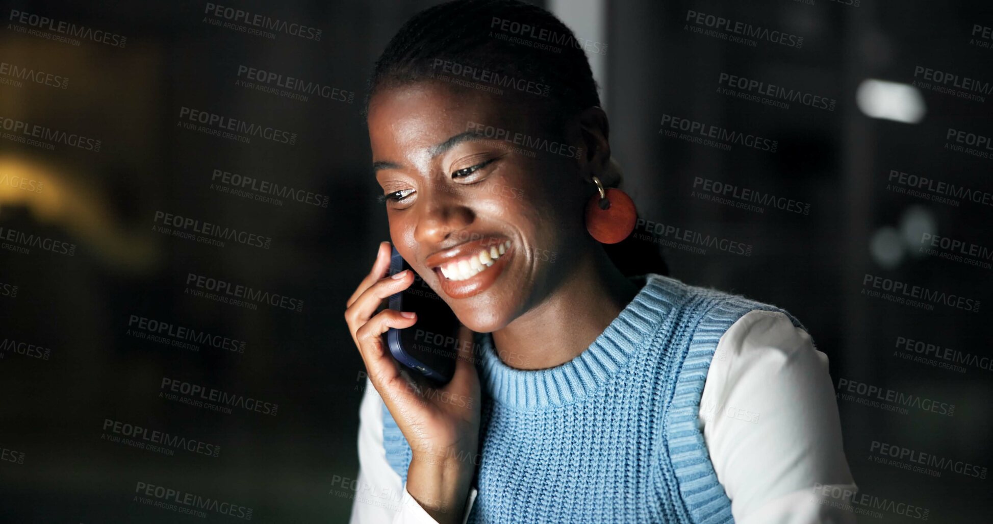 Buy stock photo Night, phone call and smile of business black woman in office for communication or update. Conversation, feedback and mobile with happy African employee in dark workplace for contact or discussion