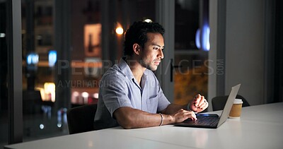 Buy stock photo Night, man and research in office with laptop, journalist investigation or news publication deadline. Late, person and writer in workplace with computer, browsing or check website for online article.