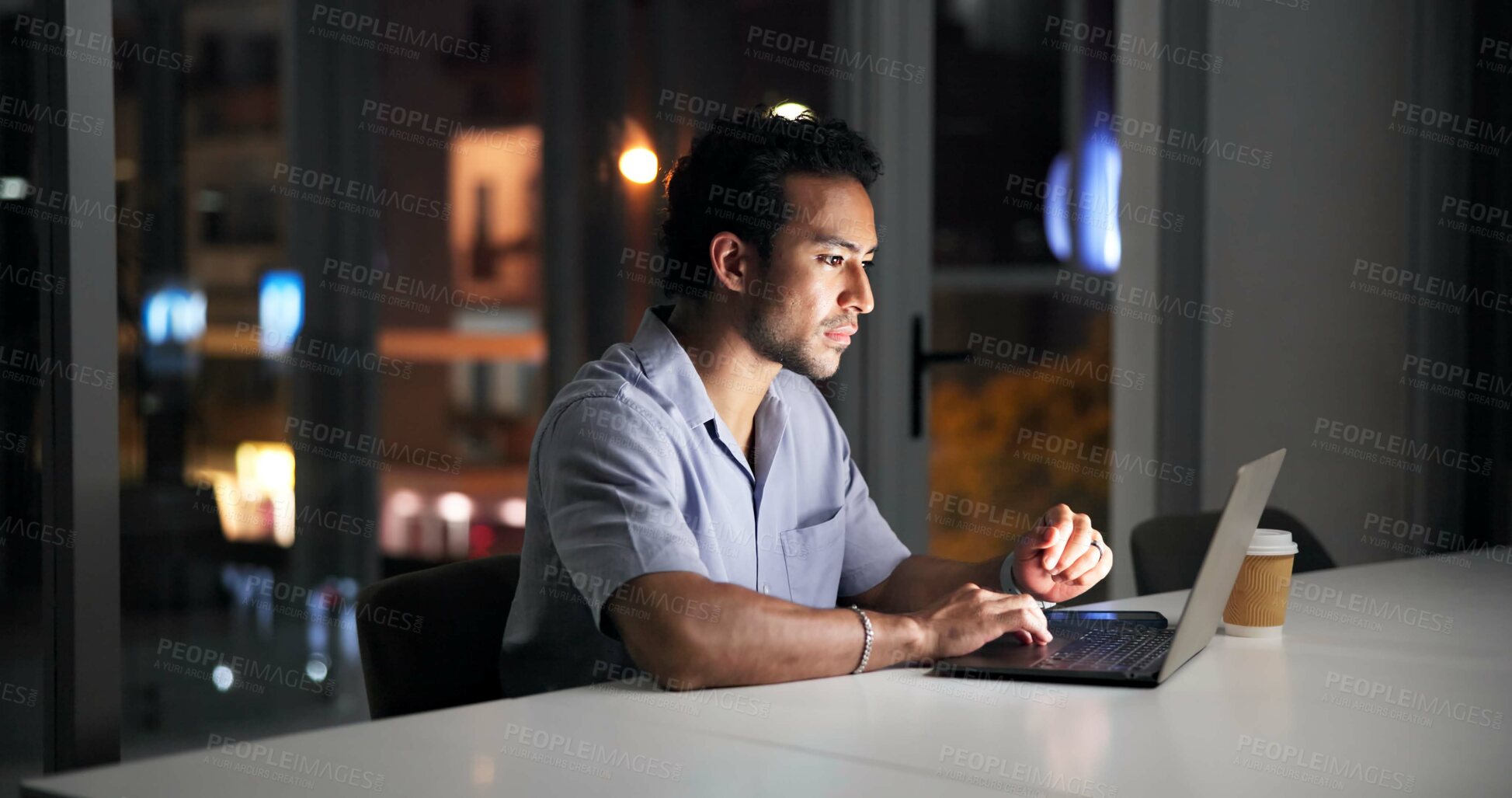 Buy stock photo Night, man and research in office with laptop, journalist investigation or news publication deadline. Late, person and writer in workplace with computer, browsing or check website for online article.