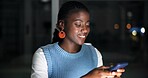 Night, woman and smile in office with phone, journalist research and text message for story update. Late, bokeh and black person in workplace with tech, typing or check email for feedback on article.
