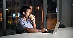 Night, creative agency and man with coffee, laptop for news report and online website review. Evening, person or journalist in office, espresso or computer for column research or deadline for article