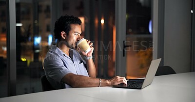 Buy stock photo Night, creative agency and man with coffee, laptop for news report and online website review. Evening, person or journalist in office, espresso or computer for column research or deadline for article
