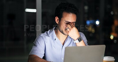 Buy stock photo Night, creative agency and man with headache, laptop for article rejection and fatigue. Person, late and journalist in office, migraine and pc for website error, burnout and exhausted for brain fog