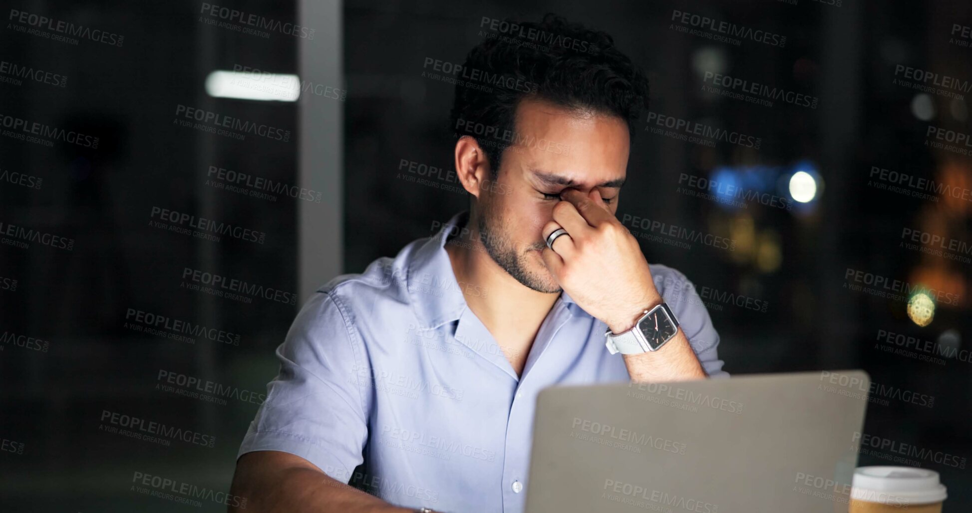 Buy stock photo Night, creative agency and man with headache, laptop for article rejection and fatigue. Person, late and journalist in office, migraine and pc for website error, burnout and exhausted for brain fog