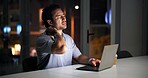 Burnout, laptop and neck pain with business man in office at night for online research deadline. Computer, headache and stress with employee at desk in dark workplace for anxiety or muscle fatigue