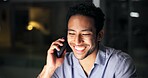 Night, phone call and smile of business man in office for communication or mobile update. Consulting, conversation and feedback with happy employee person in dark workplace for contact or discussion