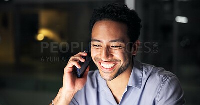 Buy stock photo Night, phone call and smile of business man in office for communication or mobile update. Consulting, conversation and feedback with happy employee person in dark workplace for contact or discussion
