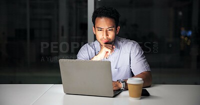 Buy stock photo Information, laptop and thinking with business man in office at night for development or problem solving. Computer, planning and reading with employee person at desk in dark workplace for research