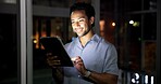 Night, man and research in office with tablet, journalist investigation or news publication deadline. Late, person and writer in workplace with tech, browsing or check website for article submission.