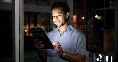 Buy stock photo Night, man and research in office with tablet, journalist investigation or news publication deadline. Late, person and writer in workplace with tech, browsing or check website for article submission.