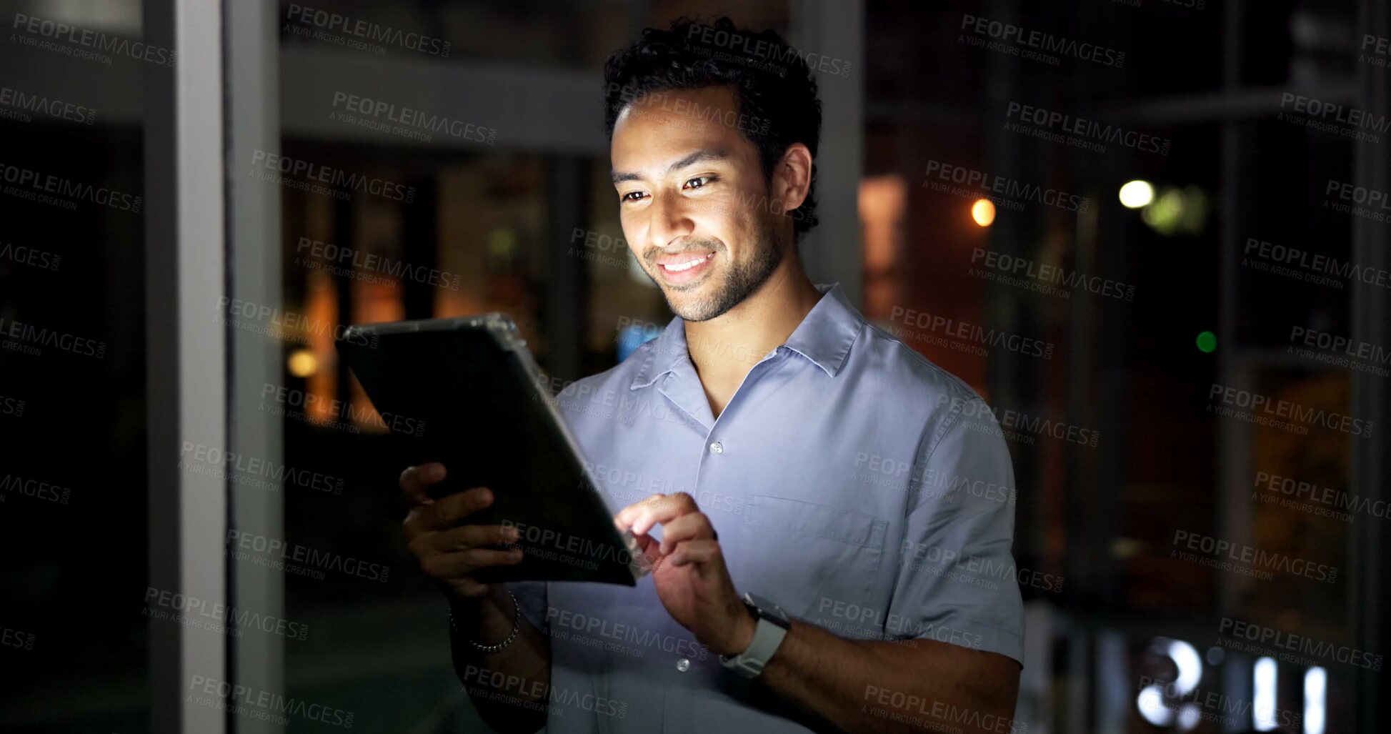 Buy stock photo Night, man and research in office with tablet, journalist investigation or news publication deadline. Late, person and writer in workplace with tech, browsing or check website for article submission.