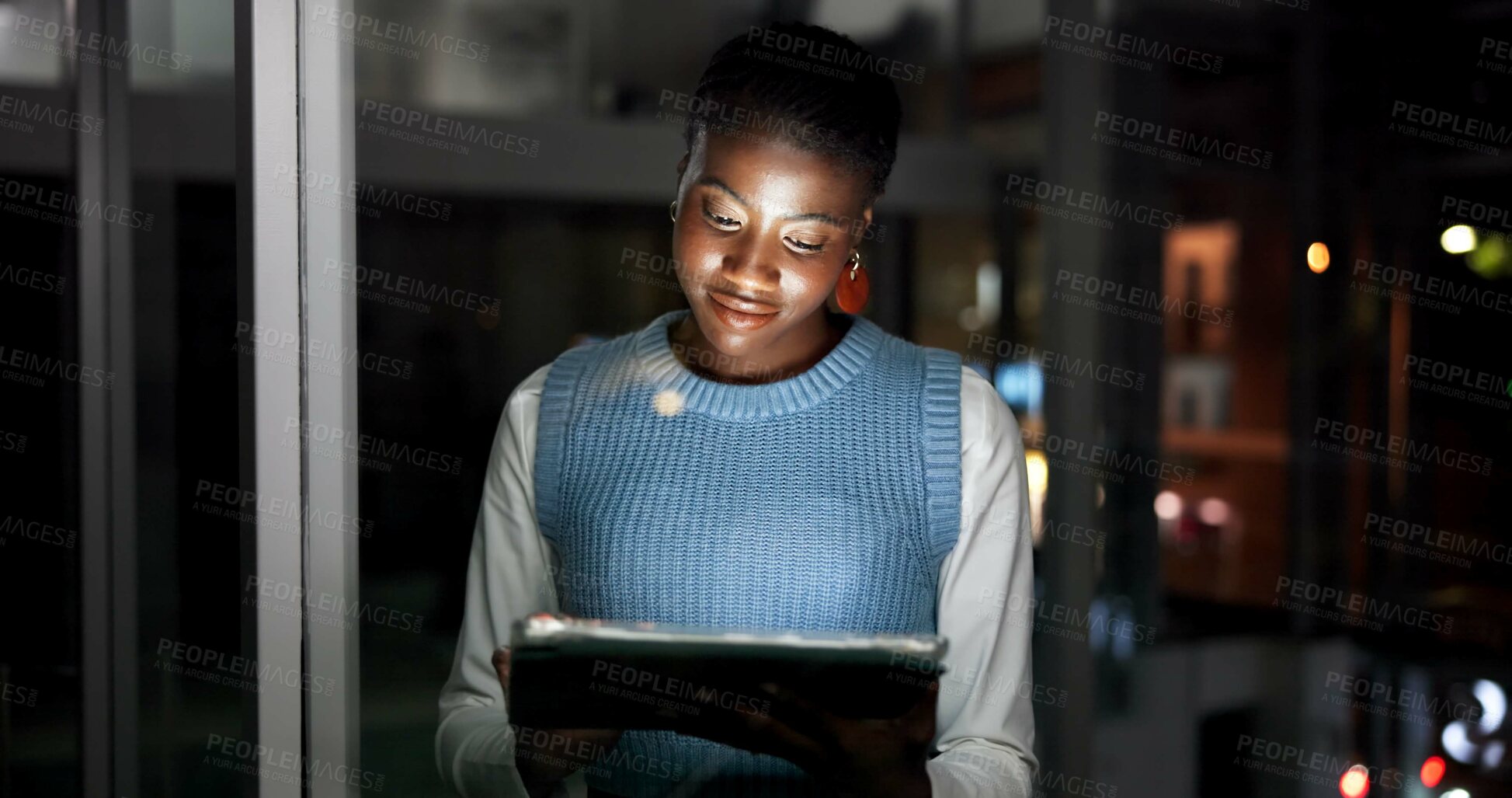 Buy stock photo Night, research and woman in office with tablet, journalist investigation and news publication deadline. Late, black person and writer in workplace with tech, browsing and check website for article.