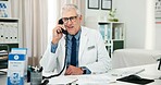Phone call, doctor and smile with man in office of hospital for telehealth advice, medical diagnosis or contact. Healthcare expert, virtual consulting or treatment update with mature person in clinic