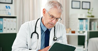 Buy stock photo Tablet, doctor and reading with man in office  of hospital for telehealth advice, medical diagnosis or feedback. Healthcare expert, online report or treatment update with mature person in clinic