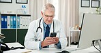 Phone, doctor and typing with man in office  of hospital for telehealth advice, medical diagnosis or contact. Healthcare expert, virtual consulting or treatment update with mature person in clinic