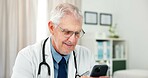 Phone, doctor and texting with man in office  of hospital for telehealth advice, medical diagnosis or contact. Healthcare expert, virtual consulting or treatment update with mature person in clinic