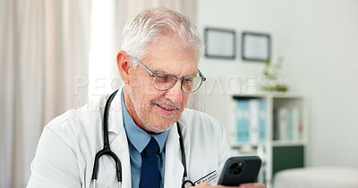 Buy stock photo Phone, doctor and texting with man in office  of hospital for telehealth advice, medical diagnosis or contact. Healthcare expert, virtual consulting or treatment update with mature person in clinic