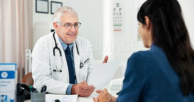 Buy stock photo Documents, consultation and doctor with woman in hospital with medical diagnosis in office. Paperwork, checkup and mature healthcare worker with female patient for planning treatment in clinic.