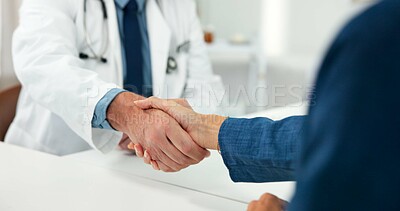 Buy stock photo Healthcare, doctor or patient with handshake in office, thank you or greeting for checkup appointment. Gratitude, introduction or people shake hands for medical support, health consultation or clinic