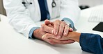 Support, doctor and patient holding hands in office, bad news and compassion for healthcare follow up. Empathy, comfort or gp with person for medical consultation, hospital and kindness for diagnosis