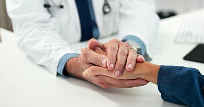 Buy stock photo Support, doctor and patient holding hands in office, bad news and compassion for healthcare follow up. Empathy, comfort or gp with person for medical consultation, hospital and kindness for diagnosis