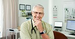 Portrait, mature man and doctor office for appointment, patient care and medical advice. Smile, male person and pediatrician with confidence for consultation, happy employee and healthcare services