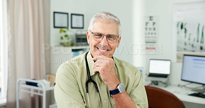 Buy stock photo Portrait, mature man and doctor office for appointment, patient care and medical advice. Smile, male person and pediatrician with confidence for consultation, happy employee and healthcare services