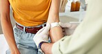 Hands, patient and doctor with plaster for vaccine, medical appointment and flu immunization for health. Wound protection, healthcare and people with illness prevention shot, support and hospital