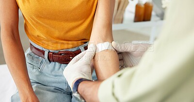 Buy stock photo Hands, patient and doctor with plaster for vaccine, medical appointment and flu immunization for health. Wound protection, healthcare and people with illness prevention shot, support and hospital