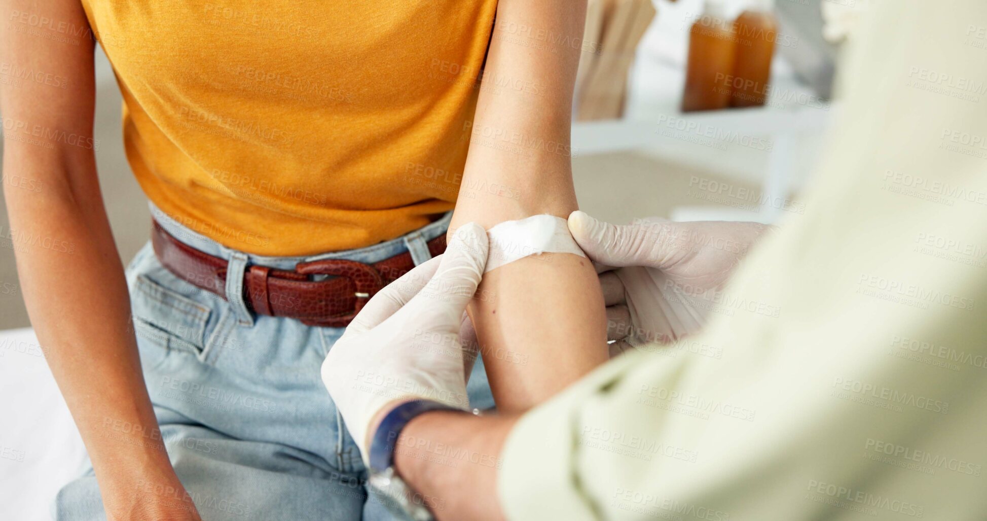 Buy stock photo Hands, patient and doctor with plaster for vaccine, medical appointment and flu immunization for health. Wound protection, healthcare and people with illness prevention shot, support and hospital