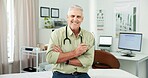 Portrait, man and doctor with arms crossed in office for checkup, patient care and medical advice. Smile, mature person and pediatrician with confidence, positive attitude and healthcare services