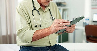 Buy stock photo Tablet, doctor and hands with man in office  of hospital for telehealth advice, medical diagnosis or feedback. Healthcare expert, online report or treatment update with mature person in clinic
