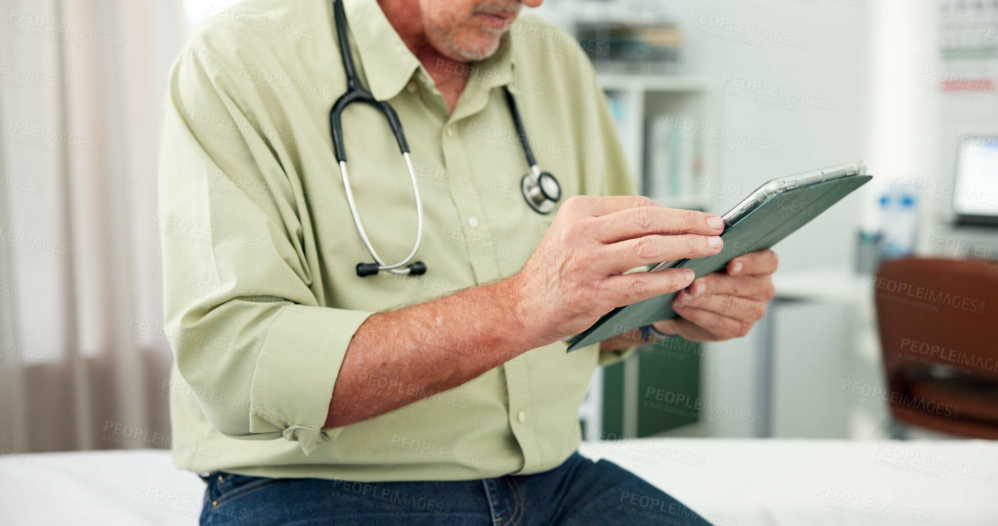 Buy stock photo Tablet, doctor and hands with man in office  of hospital for telehealth advice, medical diagnosis or feedback. Healthcare expert, online report or treatment update with mature person in clinic