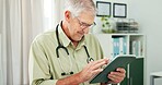 Man, doctor and reading with tablet in office for research, test results and medical report. Smile, mature person and digital for telehealth, patient information and healthcare record for treatment