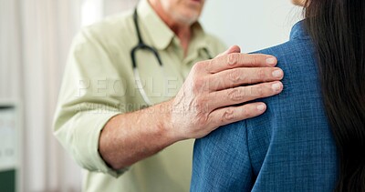 Buy stock photo Comfort, hands and doctor with patient in clinic, cancer diagnosis and sympathy for healthcare follow up. Empathy, help and gp with person for medical consultation, compassion and support for results