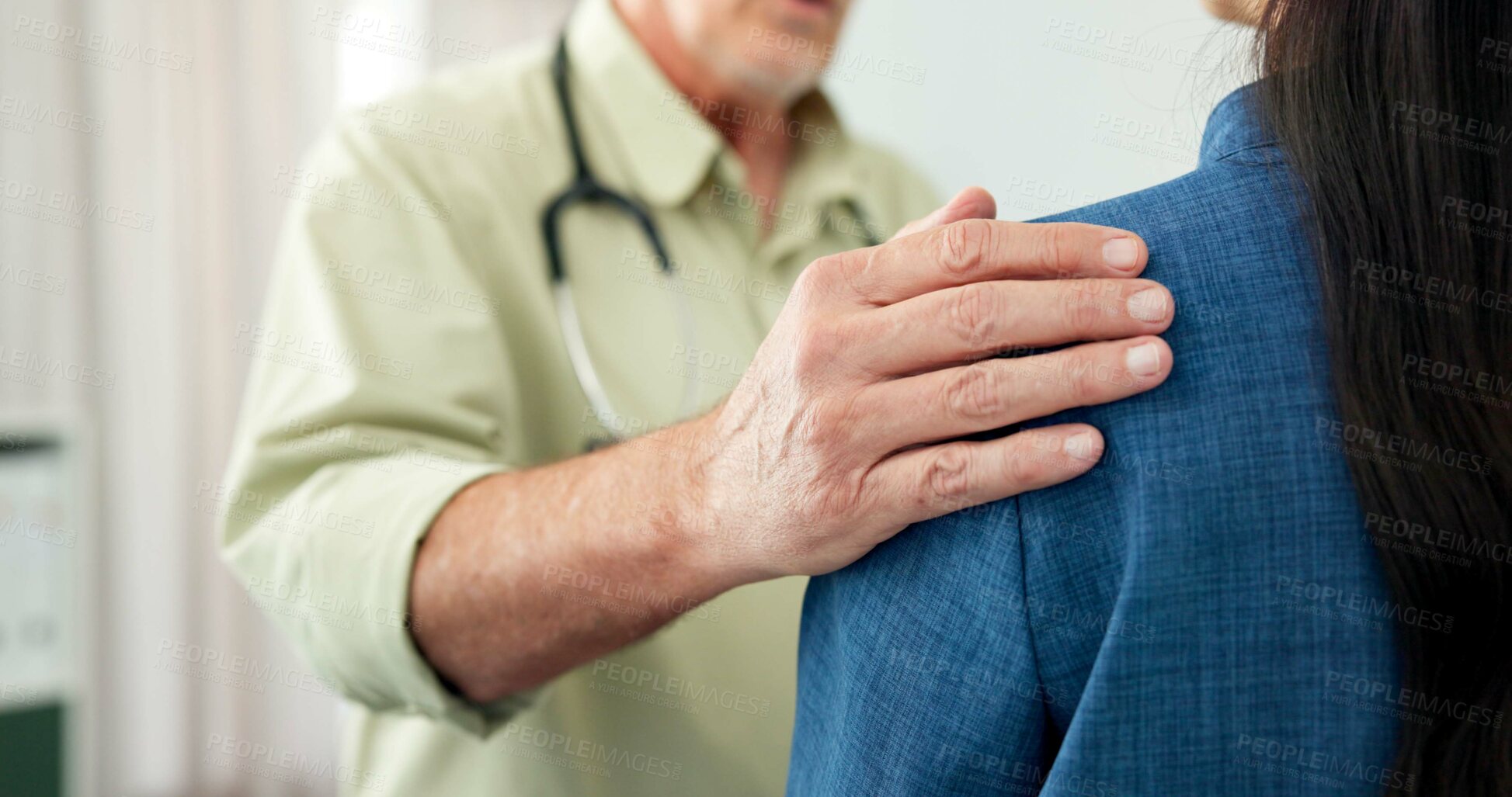 Buy stock photo Comfort, hands and doctor with patient in clinic, cancer diagnosis and sympathy for healthcare follow up. Empathy, help and gp with person for medical consultation, compassion and support for results