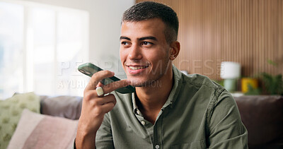 Buy stock photo Man, conversation and voice note with phone for audio message, communication or recording in home. Person, talking or speaking with technology for chat, vocal app or discussion in house living room