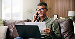 Happy man, documents and phone call with laptop in home for finanial planning, audit or investment. Male person, paperwork or talking with mobile smartphone for insurance policy or agreement in house