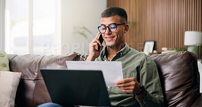Buy stock photo Happy man, documents and phone call with laptop in home for finanial planning, audit or investment. Male person, paperwork or talking with mobile smartphone for insurance policy or agreement in house