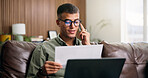 Happy man, documents and phone call with laptop on sofa for finanial planning, audit or investment. Male person, paperwork or talking with mobile smartphone for insurance policy or agreement in house