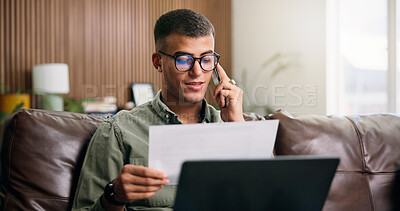 Buy stock photo Happy man, documents and phone call with laptop on sofa for financial planning, audit or investment. Person, paperwork or talking with mobile smartphone for insurance policy or agreement in house
