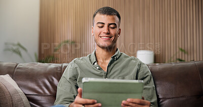 Buy stock photo Happy, tablet and man on sofa for online videos, streaming subscription and watching movies. Home, smile and person on digital tech for internet, website and search to relax on weekend in living room