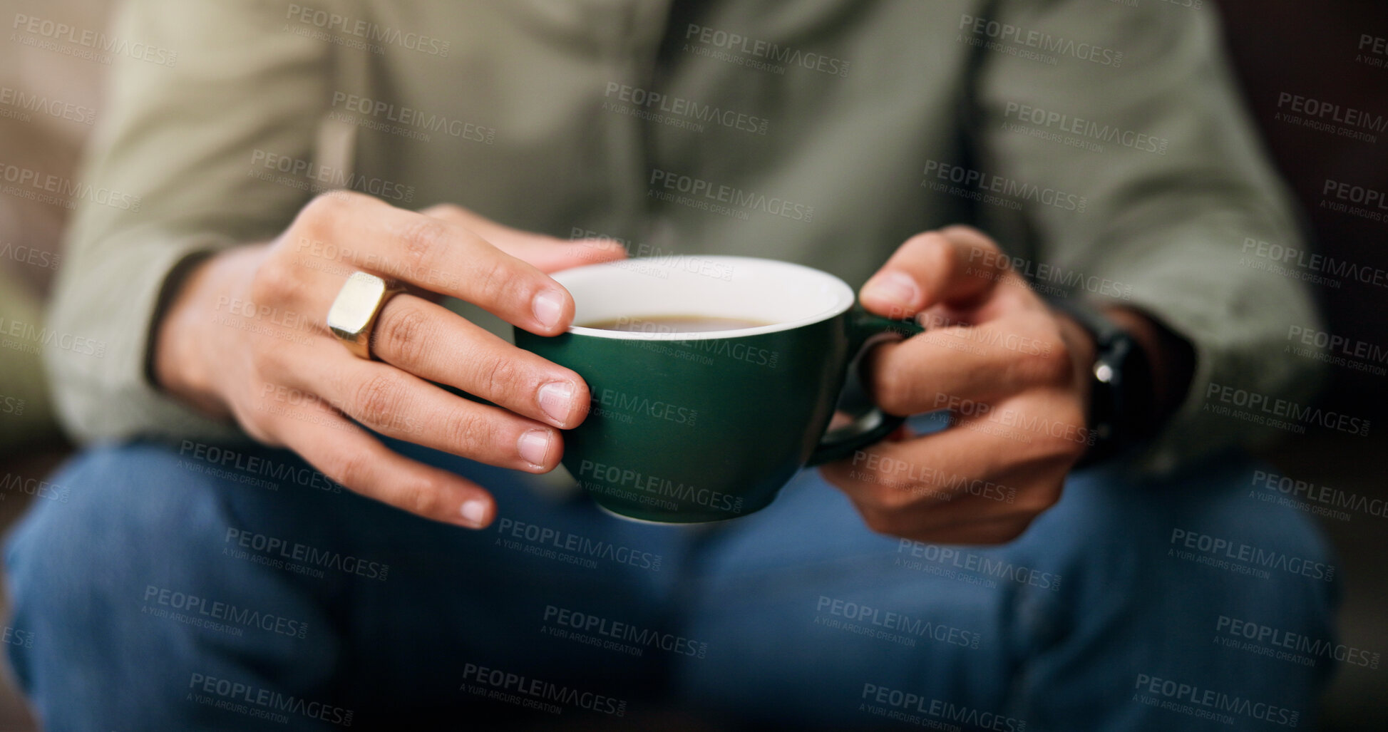 Buy stock photo Coffee, hands and man on sofa with break, peace or calm morning with warm beverage. Espresso, relax and male person with cappuccino, latte or tea for wellness or reflection in living room of house