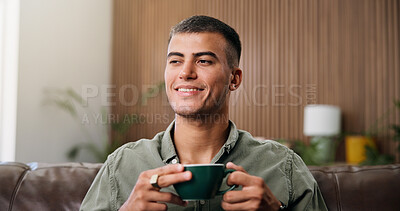 Buy stock photo Coffee, smile and man on sofa with break, peace or calm morning with warm beverage. Espresso, relax and male person with cappuccino, latte or tea for wellness or reflection in living room of house